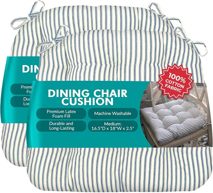 Barnett Home Decor Dining Chair Cushions, 16.5 x 18, Pack of 2 – Ticking Stripe Navy Blue – 100% Cotton, Latex Foam Fill by BarnettHomeDecor
