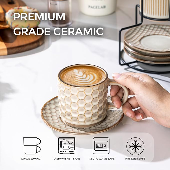 GBhome 6 OZ Stackable Coffee Mugs Set of 4, Ceramic Espresso Coffee Cups | Coffe Cups With Saucer and Stand, Dishwasher&Microwave Safe, 4 Assorted Designs - Image 3