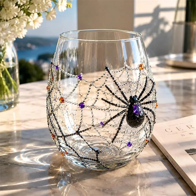 3D Halloween Artisan Glassware Collection, Premium Handleless Glass with Ghost, Pumpkin, Spider & Black Cat Gothic Style Artistic Glass Wine Goblet Designs, for Party & Cozy Fall Home Bar (D) by Unknown
