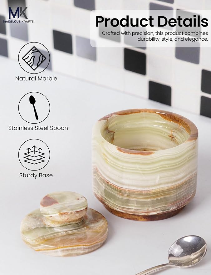 MARBLOUS KRAFTS Marble Salt Cellar with Lid and Spoon 3" Inch Green Stone Salt Dish for Kitchen Countertop Storage, Small Set of 2 Seasoning Containers, Spice Jars, Sugar Bowl - Image 5