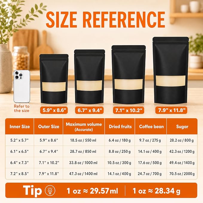 100 Pcs Black Kraft Paper Bags with Window, 7.1" x 10.2" Stand Up Pouches Bags, Food Storage Bags for Packaging Products, Reusable, Sealable - Image 2