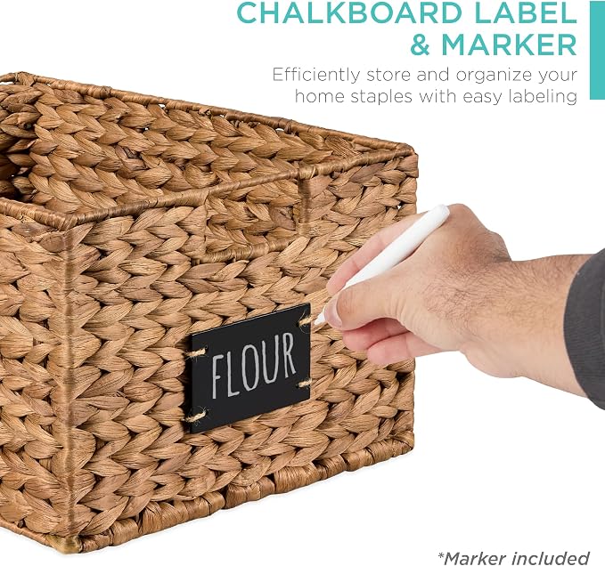 Best Choice Products Pantry Baskets Set of 2 16x12in Water Hyacinth Storage Baskets, Woven Wicker Kitchen Organizers with handles w/Chalkboard Label Chalk Marker - Chestnut - Image 2