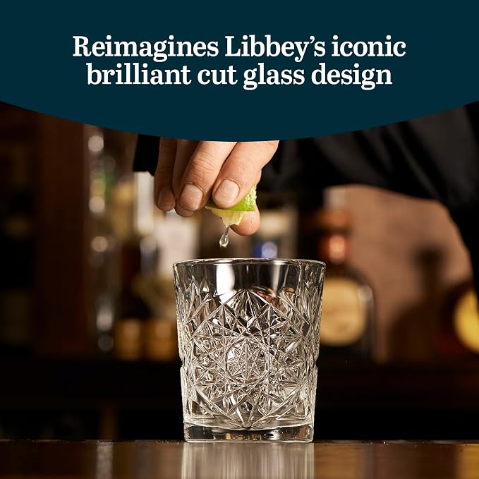 Libbey Hobstar Double Old Fashioned Glasses, Clear Cut Glass Drinking Glasses Set of 4, Durable, Vintage Whiskey Glasses for Cocktail, Drinks and More - Image 2