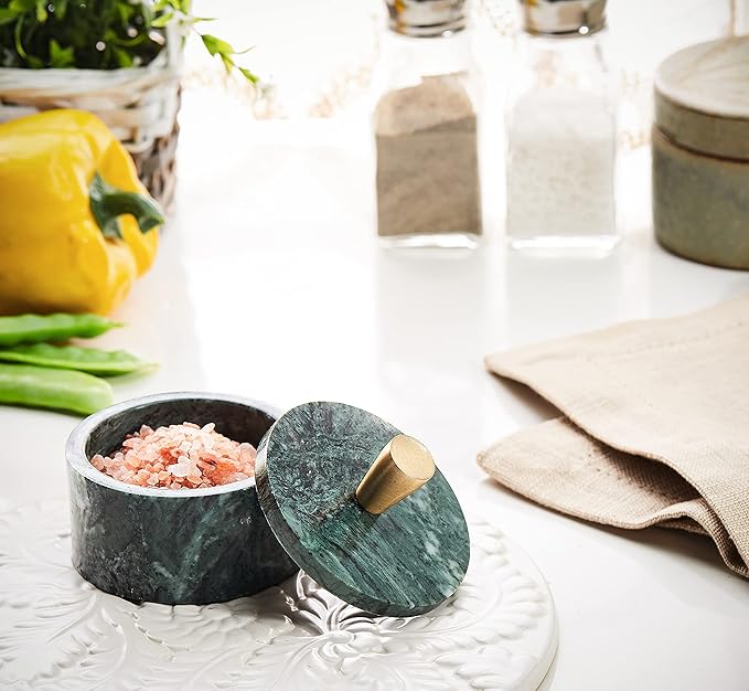 Queenza Green Marble Salt Cellar with Lid & Brass Knob - Natural Marble Spice Container for Kitchen Countertop, Gourmet Salt Holder, Small Decorative Storage Box, Gift for Home Chef - Image 6