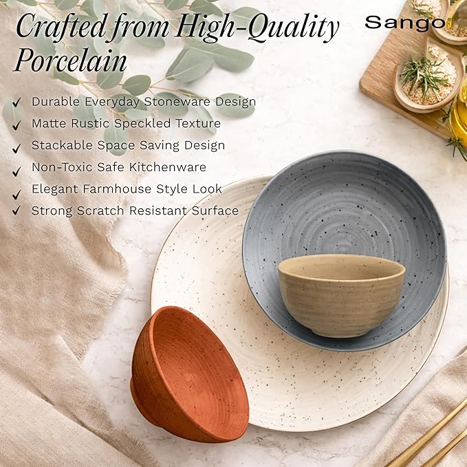 Sango Siterra Painter's Palette 16-Piece Stoneware Dinnerware Set - Service for 4, Ceramic Plates and Bowls Sets, Chip Resistant, Rustic Dishware, Microwave & Dishwasher Safe Kitchen Dishes - Image 6