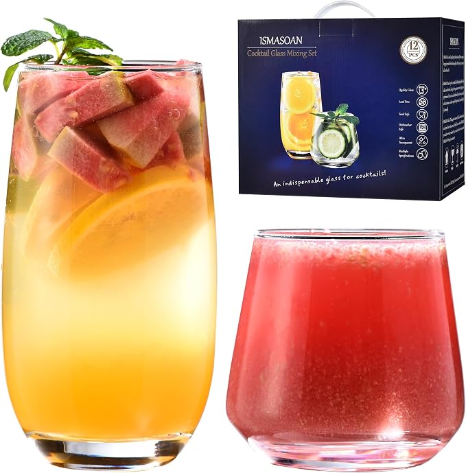 ISMASOAN Drinking Glasses Set of 12, 6 Tall 17 oz & 6 Stemless Wine 10 oz | Glass cup set in a gift box for kitchen use. Drinkware glasses for mojitos, cocktails, wine, juice and everyday beverages by ISMASOAN