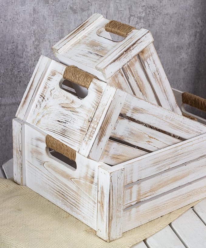 TIMRIS Set of 3 Rustic Wood Nesting Crates, Farmhouse Wooden Storage Container Boxes with Cutout Handles, Decorative Wooden Baskets for Display (Whitewash) - Image 8