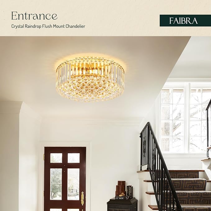 17.3" Gold K9 Crystal Raindrop Flush Mount Ceiling Light, Modern Chandelier, Round Luxury Light Fixture for Dining Room, Bedroom, Hallway, Kitchen Island & Living Room - Image 4
