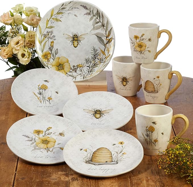 Bee Sweet Set of 4 Large Ceramic Mugs – 22 oz Coffee, Tea, Hot Cocoa Cups with Farmhouse Bee & Floral Design, Rustic Oversized Mugs with Comfort Handle – Microwave & Dishwasher Safe - Image 5