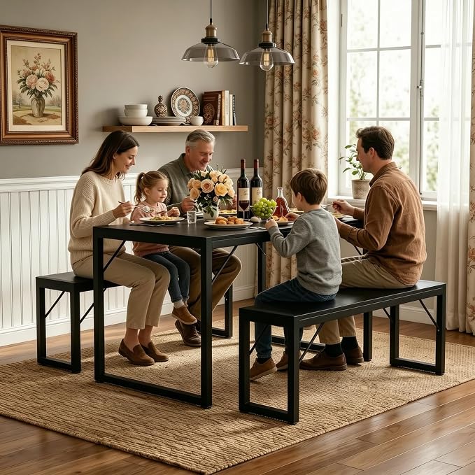 Bealife Dining Table Set for 4 with Metal Frame and MDF Board - Black | Space Saving Kitchen Table with 2 Benches, Kitchen Table Set for Apartment, Dining Room, Breakfast Nook - Image 3