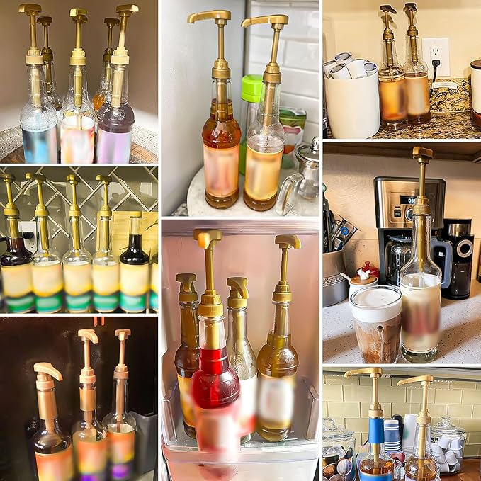 12 Pcs Syrup Pump, Gold Coffee Syrup Pumps with 20 Pcs Red Lid, Coffee Syrups Dispenser for Bottles, Drinks, Dessert, Tea(750 ML 25.4 OZ Bottles)