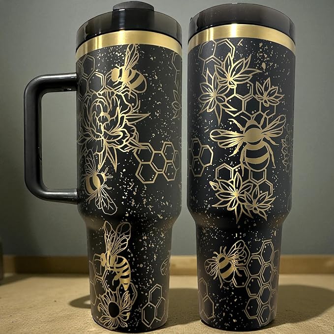 Tumbler, 40oz Tumbler, Western Tumbler, Engraved Cup with Handle, Cute Coffee Mug, 40oz Coffee Mug (Black Gold(21)-Bee(B31))