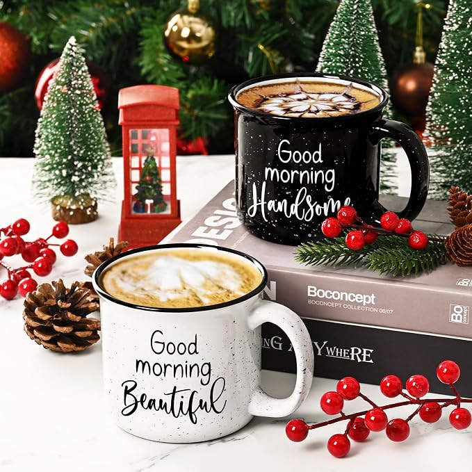YHRJWN His and Hers Gifts, Good Morning Beautiful & Handsome Coffee Mug, Couple Gift for Him and Her, Couple Mugs for Mr and Mrs, Newlyweds Couples Gifts for Wedding Anniversary, 15 Oz - Image 2