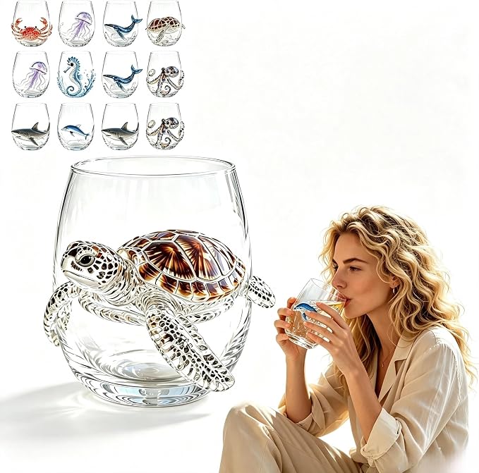 Novelty 3D Sculpted Ocean Life Stemless Wine Glasses, 12oz Embossed Sea Animal Glassware for Beverages, Premium Borosilicate Glass Beach Gifts (Turtle) by Unknown