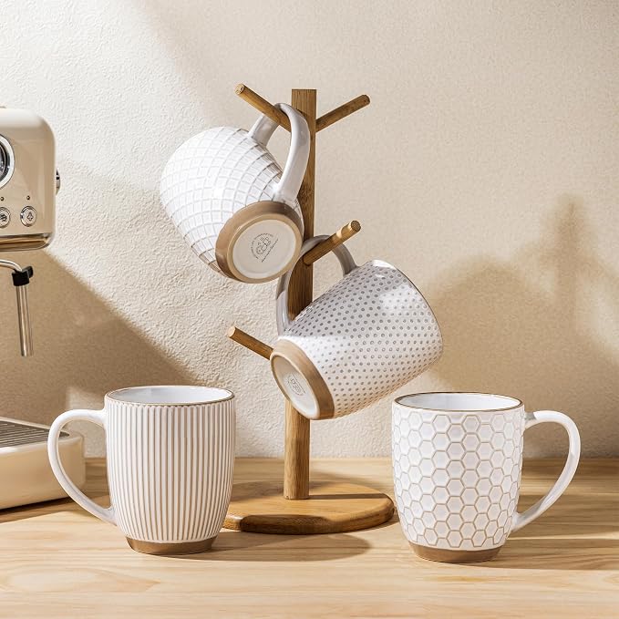 GBhome Large Coffee Mugs Set of 6, 16oz Handmade Embossed Coffee Mugs Set with Large Handle for Cappuccino/Latte/Tea/Hot Cocoa, Dishwasher & Microwave Safe, Off White - Image 8