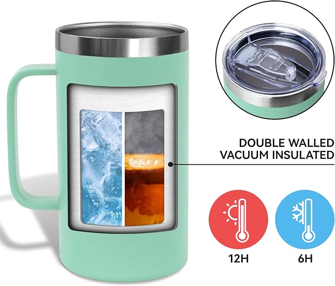 DOMICARE 24oz Mug with Handle and Lid, Stainless Steel Coffee Mug, Travel Mug with Handle, Double Wall Vacuum Coffee Tumbler, Reusable Insulated Cup, Mint Green, Pack 4 - Image 3