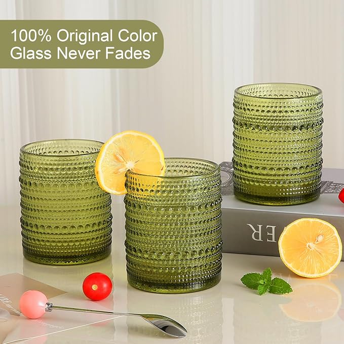 ZMOWIPDL Drinking Glasses Set of 6,12oz Green Hobnail Glass Cups | Vintage Glassware，Embossed Water Tumbler,for Beer,Cocktail,Whiskey,Juice and Various Mixed Drinks- 1 Cleaning Brush - Image 3