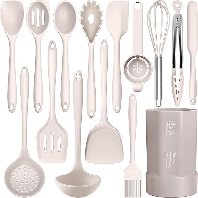 AOTHOD Silicone Cooking Utensils Set - 446°F Heat Resistant Kitchen Utensils,Turner Tongs,Spatula,Spoon,Brush,Whisk,Kitchen Utensil Gadgets Tools Set for Nonstick Cookware,Dishwasher Safe (BPA Free) by Safeandsuitableforuse