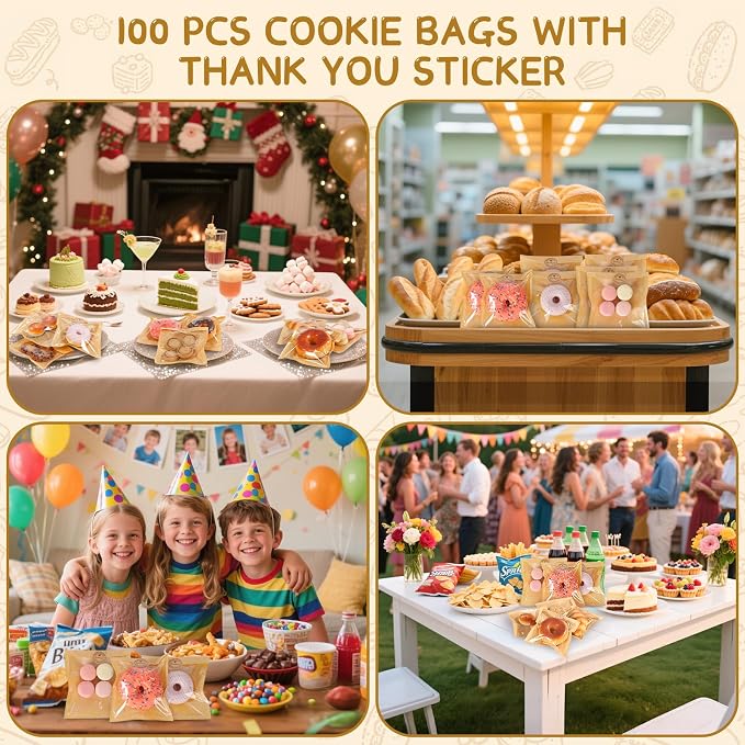SUREHOME Cookie Bags Small Brown Paper Bags with Window 100 Pcs Thank You Stickers 5.7 x 6.5 Inch Individual Heat Sealable Kraft Bakery Bags for Gift Giving, Treats, Snacks, Baked Goods Packaging - Image 8