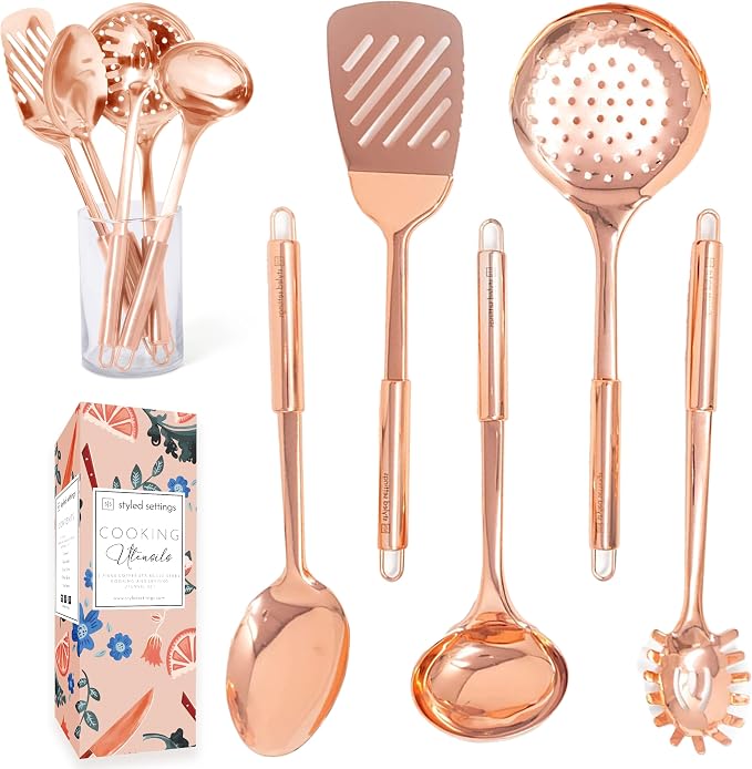 Styled Settings Copper Kitchen Utensils Set, 5-Piece | Copper Kitchen Accessories Includes Stainless Steel Ladle, Spoon, Pasta Fork, Spatula, and Skimmer - Unique Kitchen Gifts by STYLEDSETTINGS