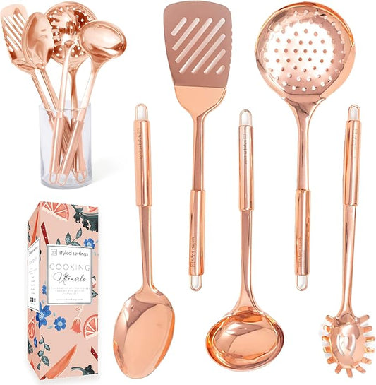 Styled Settings Copper Kitchen Utensils Set, 5-Piece | Copper Kitchen Accessories Includes Stainless Steel Ladle, Spoon, Pasta Fork, Spatula, and Skimmer - Unique Kitchen Gifts by STYLEDSETTINGS