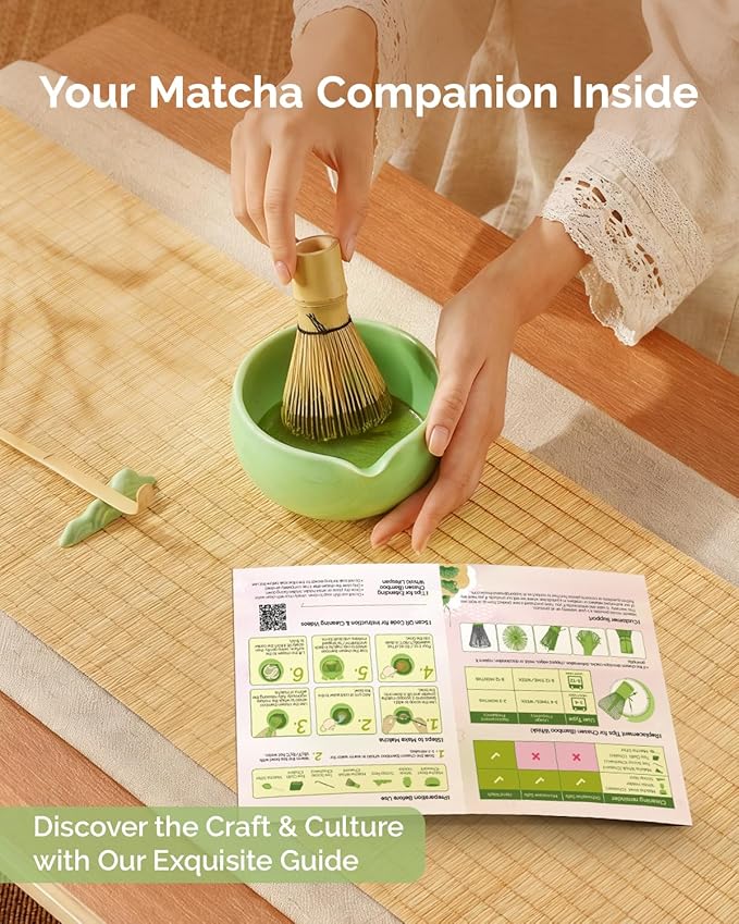 Maestri House Matcha Whisk Set, 7-Pc Complete Matcha Kit with Spouted Ceramic Bowl, Bamboo Whisk and Holder, Scoop, Spoon Rest & Sifter, Tea Cloth – Ideal Gift for Matcha Lovers (Green)