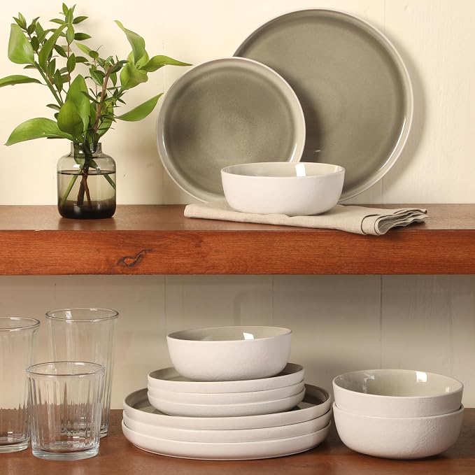Gibson Elite Tahoe Sunset 12-Piece Reactive Stoneware Dinnerware Set – Matte Exterior & Shiny Interior Plates and Bowls, Durable Everyday Dish Set, Microwave & Dishwasher Safe - Grey - Image 5