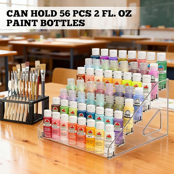 Clear Paint Organizer With Brush Holder, 7 Layers Acrylic Paint Organizer Storage Rack, Craft Rack Miniature Holder Storage, Size for Small tube and jars