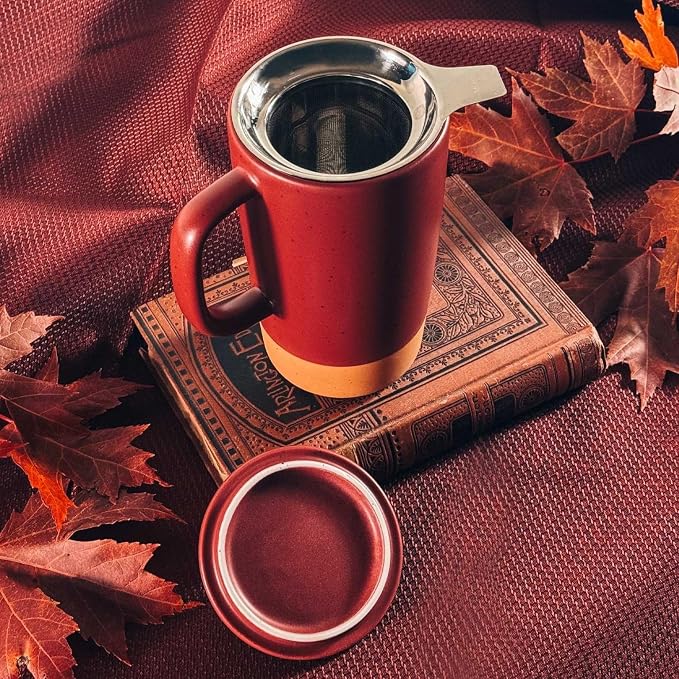 Mora Ceramics Large Tea Mug with Loose Leaf Infuser and Ceramic Lid, 18 oz, Portable, Microwave and Dishwasher Safe, Tall Coffee Cup - Rustic Matte Ceramic Glaze, Modern Herbal Tea Strainer, Merlot - Image 6