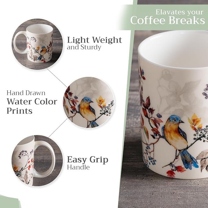 Maison d' Hermine Coffee Mug with Handles Tea Cups (12 Ounce, Pack of 1) | Fine Bone China Coffee Mugs for Hot Beverages Cappuccino Latte Home Restaurant Spring Summer -Equinoxe - Beige - Sparrows - Image 5