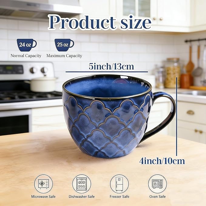 24 oz Large Coffee Mug, Ceramic Coffee Mugs with Handles, Soup Bowl, Blue | Big Coffee Mug for Hot Chocolate, Cappuccino, Soup, Oatmeal, Ramen, Microwave & Dishwasher Safe, Coffee Cups Large Soup Bowl - Image 7