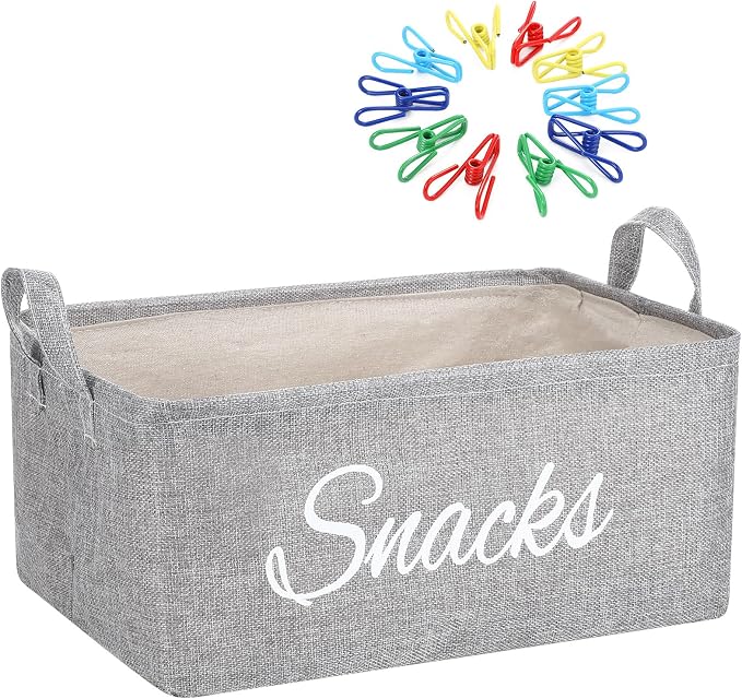 17 Pcs Snack Basket Sets, Snack Storage Bin for Pantry Shelves with 16 Pcs 2 Inch Chip Clips, Basket Organizer for Kitchen Home, Chips, Popcorn, Candy, Pretzels(Burlap,Grey) by Newtay