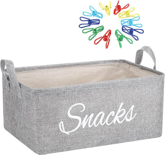 17 Pcs Snack Basket Sets, Snack Storage Bin for Pantry Shelves with 16 Pcs 2 Inch Chip Clips, Basket Organizer for Kitchen Home, Chips, Popcorn, Candy, Pretzels(Burlap,Grey) by Newtay