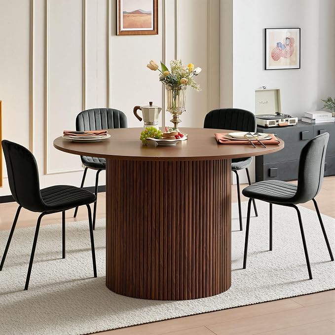 5 Piece Round Dining Table Set for 4, Mid Century Modern Wooden Kitchen Table and Chairs, Space-Saving Small Dinette Set (47 Inch Walnut Table+4 Black Chairs) - Image 4