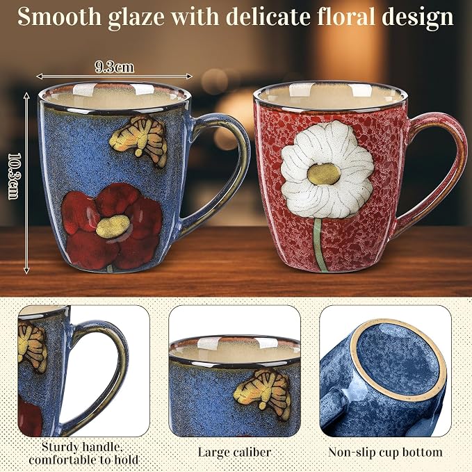 Maxdot 2 Pcs 12oz Ceramic Coffee Mugs Sets Glazing Process Cappuccino Mug Floral Ceramic Tea Cups Idea Gift Set for Women Porcelain Cup for Coffee, Cocoa, Tea, Latte (Retro) (Rustic) - Image 2