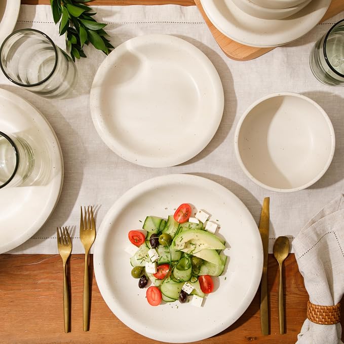 Bloomhouse - Two Time Oprah's Favorite Things Winner - Corsica Clay 12 Piece Stoneware Rustic Reactive Glaze Dinnerware Set - Stackable Plates and Bowls Set. Service for 4 - Matte Sea Salt White - Image 3