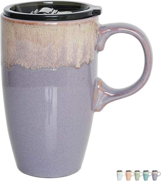 Bosmarlin Ceramic Travel Coffee Mug with Handle and Lid, 18 oz, Portable Coffee Cup for Car Cup Holder, Microwave and Dishwasher Safe, Reactive Glaze (Deep Purple) by Bosmarlin