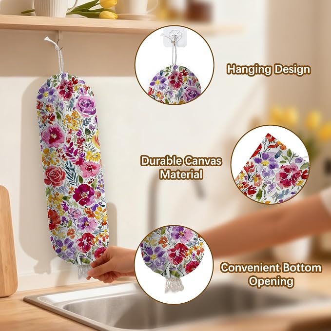 Plastic Bag Holder Dispenser, Plastic Grocery Bag Organizer & Wall Mount Paper Trash Bags Saver Storage for Kitchen Home Pantry Decor, Colorful Floral Kitchen Decor Shopping Bags Storage Dispenser - Image 3