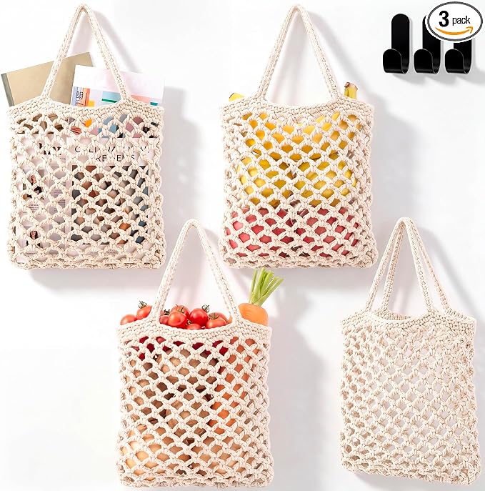 Honeydak Boho Decor Hanging Wall Baskets for Kitchen 3 Pack Teardrop Baskets with Hooks Storage Fruit Onion Vegetable Potato for Home(White,Mesh,Cotton Rope) by Honeydak