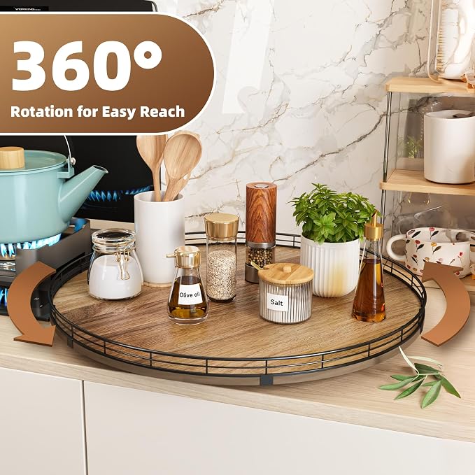 Acacia Wood 21" Lazy Susan Turntable Organizer for Table Top, Farmhouse Extra Large Round Lazy Susan for Serving Kitchen Countertop Cabinet for Charcuterie Centerpiece, Bathroom Vanity Tray Decor - Image 3