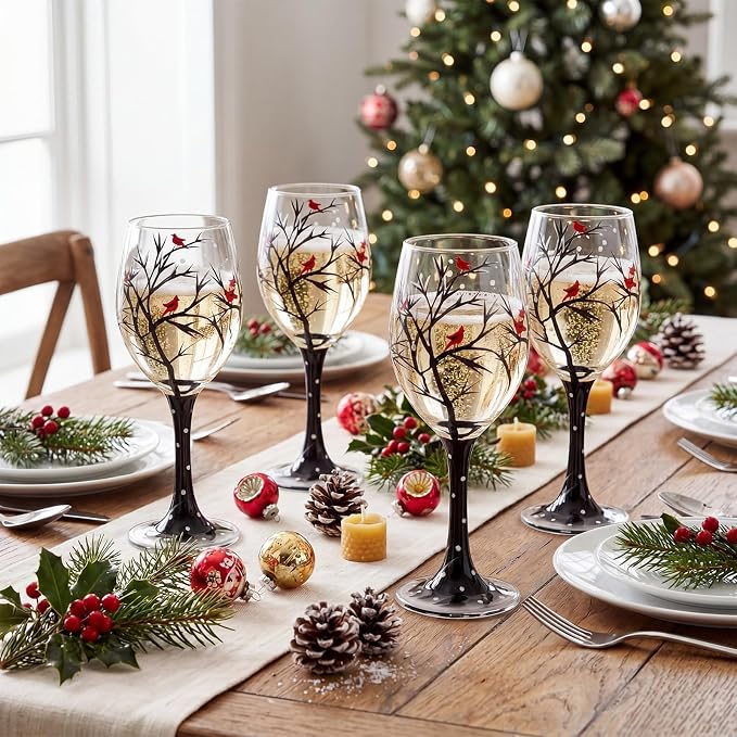 Yungyan Set of 4 Christmas Stemmed Wine Glasses Hand Painted Cardinal Winter Scene 15 oz Holiday Wine Goblets for Festive Dining Table Decor Stemmed Glassware Set for Seasonal Gifting and Party - Image 5
