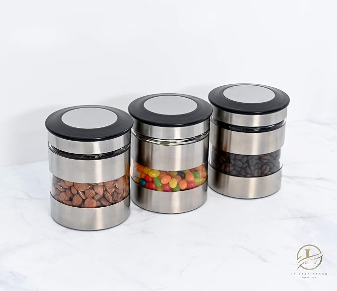 Le'raze Quality Stainless Steel Canister Set of 3 for Kitchen Counter with Glass Window & Airtight Lid - Food Storage Containers with Lids Airtight - Pantry Storage and Organization Set - Image 4