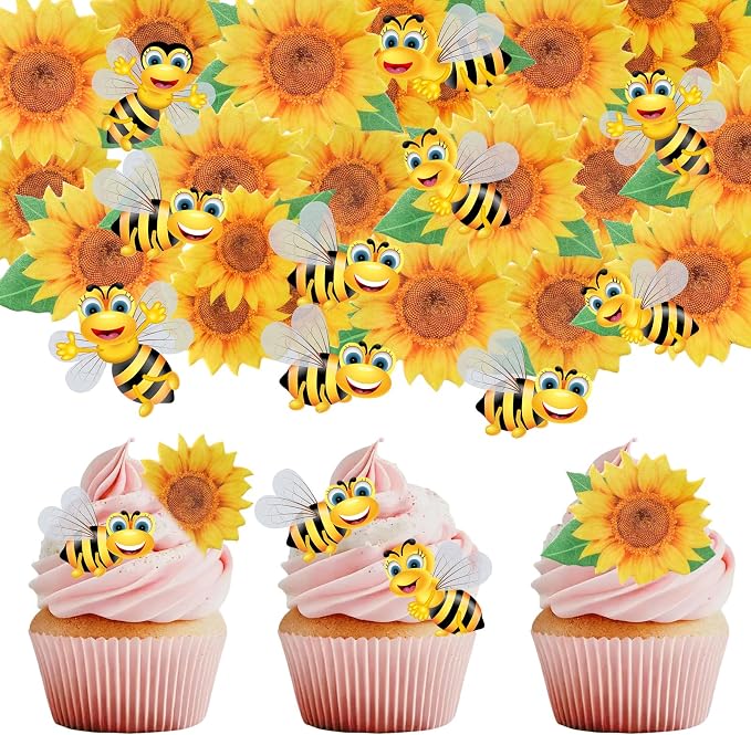 68 PCS Edible Sunflower Cupcake Toppers, Edible Flower and Bee Mixed Cake Decorations for Baby Shower and Birthday Cake Decoration, Food Decoration Supplies by Unknown