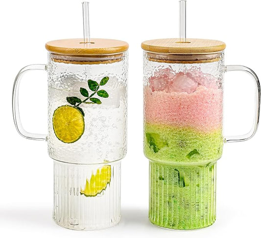 32oz Ribbed Glass Cup with Handle Lid and Straw，Borosilicate Glass Tumblers, Iced Coffee Cups Modern Glass Mug Hot/Cold Drinks for Smoothies, Tea, and Juice (clear-2Pack-Bamboo Lid)