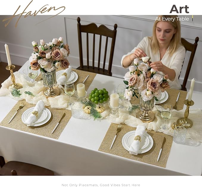Leetaltree Gold Placemats Set of 8 - Heat Resistant Non-Slip Place mats for Dining Table, Washable Durable PVC Vinyl Woven Table Mats(Luxury Gold, 8) - Image 8