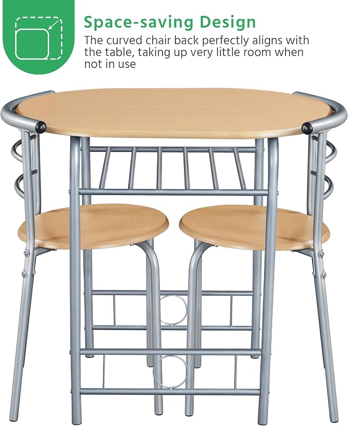 Yaheetech 3 Piece Dining Table Set, Kitchen Table & Chair Sets for 2, Compact Bistro Table Set with Steel Legs, Built-in Wine Rack for Small Space, Apartment, Breakfast Nook, Natural - Image 7