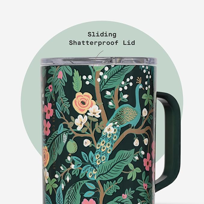 Corkcicle x Rifle Paper Co. Triple Insulated Coffee Mug with Lid & Handle - Keeps Beverages Hot for 3+ Hours - Gift for Mom - Great for Mother's Day or Christmas - 16 oz - Peacock Blue - Image 5