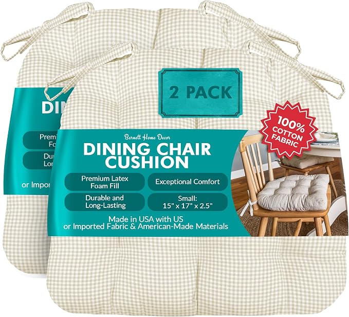 Barnett Home Decor Dining Chair Cushions with Ties – Size Small 15 x 17 - Latex Foam Fill, 100% Cotton, Machine Washable Chair Pads for Kitchen Chairs, Made in USA (Madrid Natural/Pack of 2) by BarnettHomeDecor