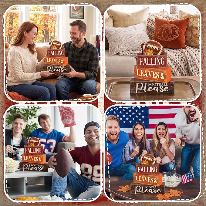 Moucuny 4 Pcs Fall Football Table Decorations for Home Fall Tiered Tray Decor Falling Leaves & Football Please Centerpieces with Footballs Topper, Rustic Thanksgiving Decor for Home, Game Day Party - Image 5