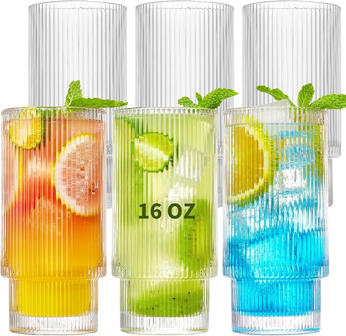 Qipecedm® 6 Pack Ribbed Drinking Glasses, 16 oz Vintage Glass Cups, Highball Glasses, Premium Iced Coffee Glasses, Clear Glass Tumbler, Cocktail Glasses, Elegant Glassware for Water Juice Whiskey Beer by Qipecedm